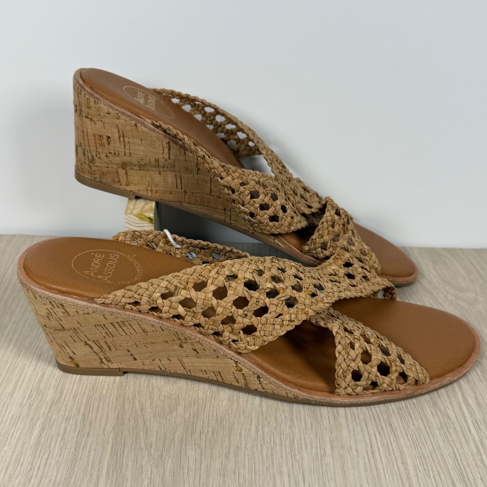 Wedge Sandals Andre Assous Womens Tan Woven Raffia Cork Featherweights